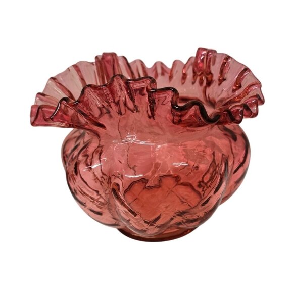 5" Fenton Cranberry Glass Vase Diamond Pattern Ruffled Edge - Picture 3 of 8
